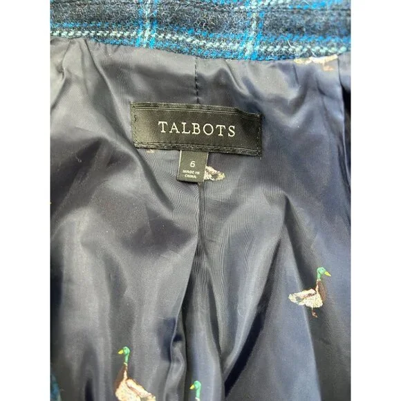 Talbots Womens 6 Wool Blend Navy & Turquoise Plaid Blazer AOP Lining Academia - Picture 7 of 11